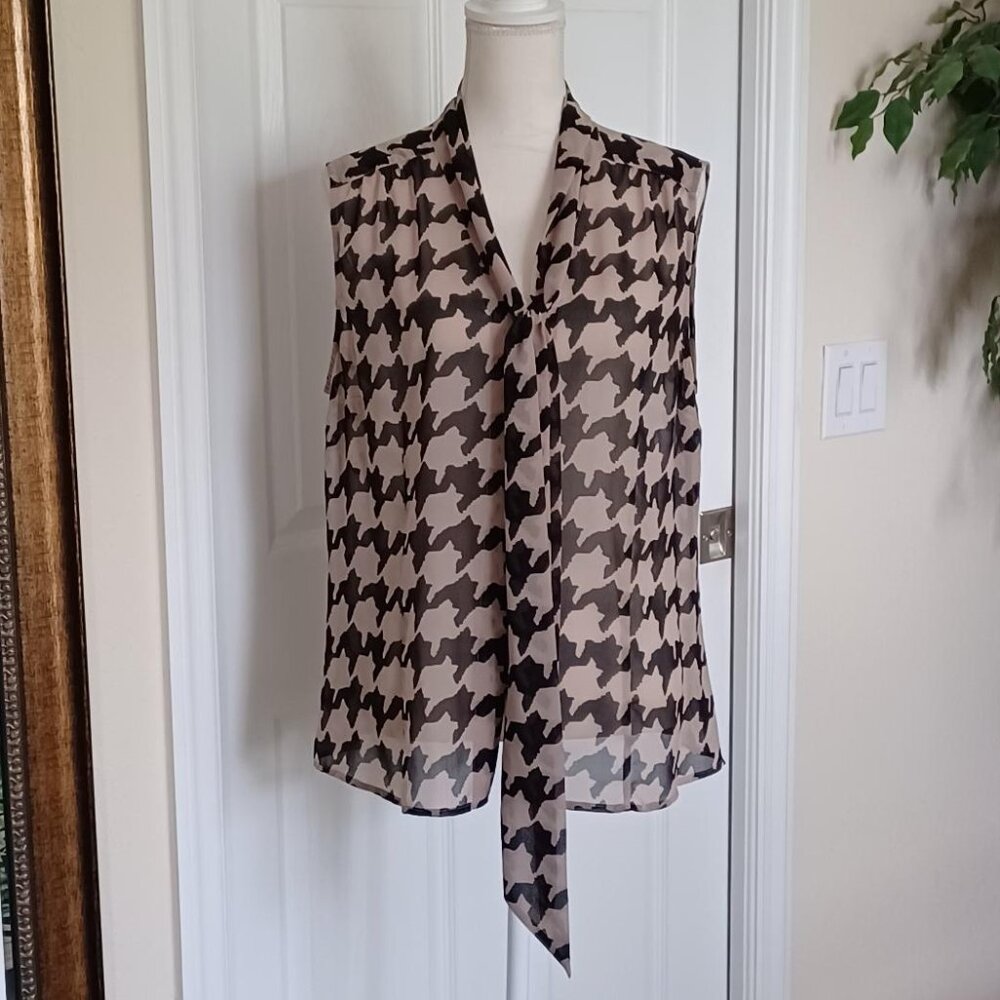 EUC! Tahari ASL Classic Houndstooth Print Semi-Sheer Front Tie Blouse Size XL
